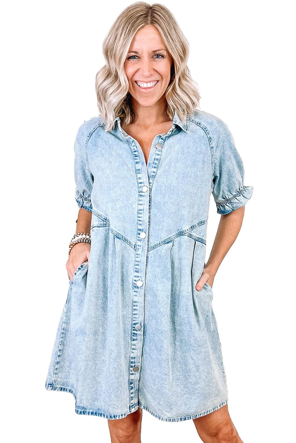 Blue Mineral Washed Ruffled Short Sleeve Pocketed Denim Dress - The Fair Lady Shop