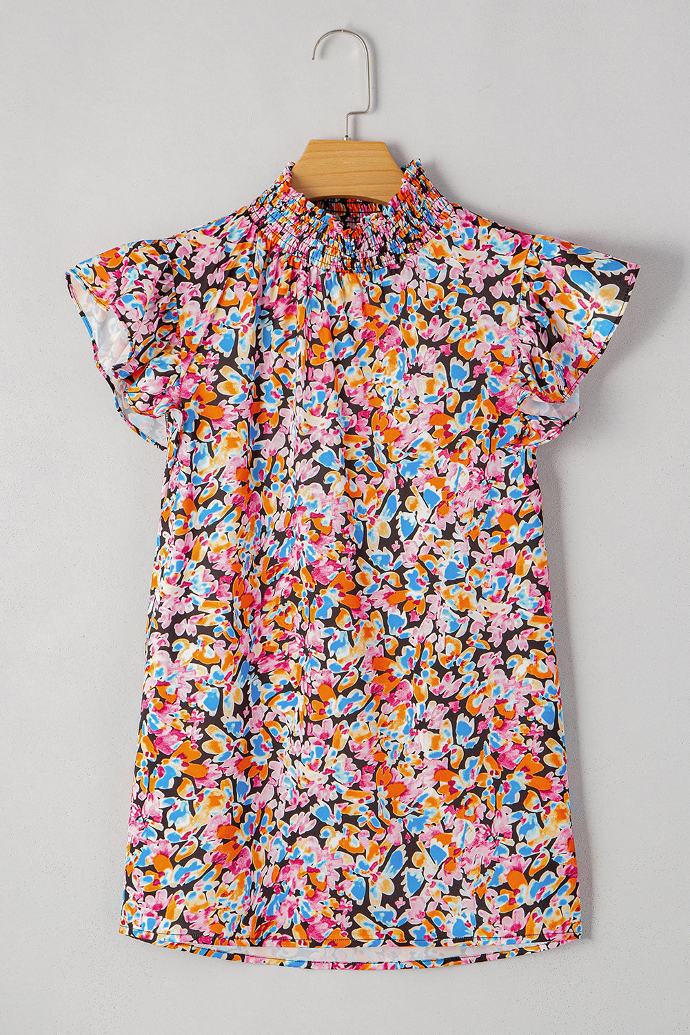 Orange Floral Print Shirred Stand Neck Flutter Shoulder Blouse - The Fair Lady Shop