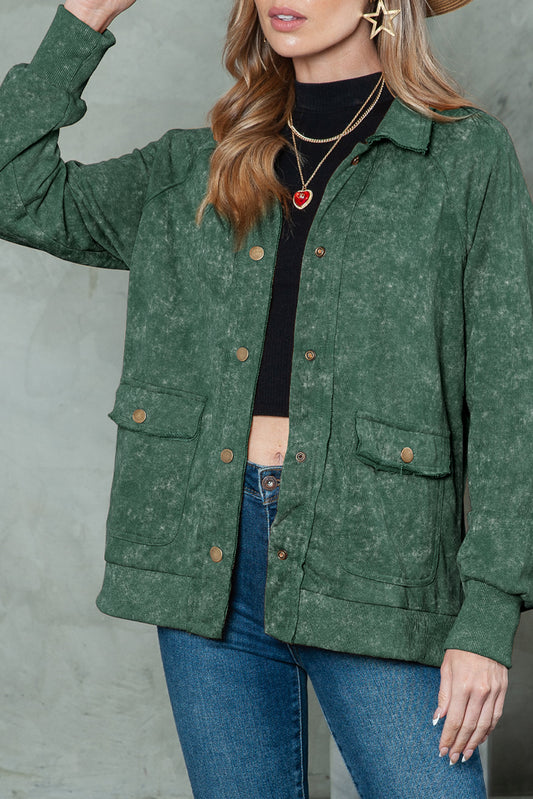 Green Snap Button Casual Flap Pockets Collared Jacket - The Fair Lady Shop