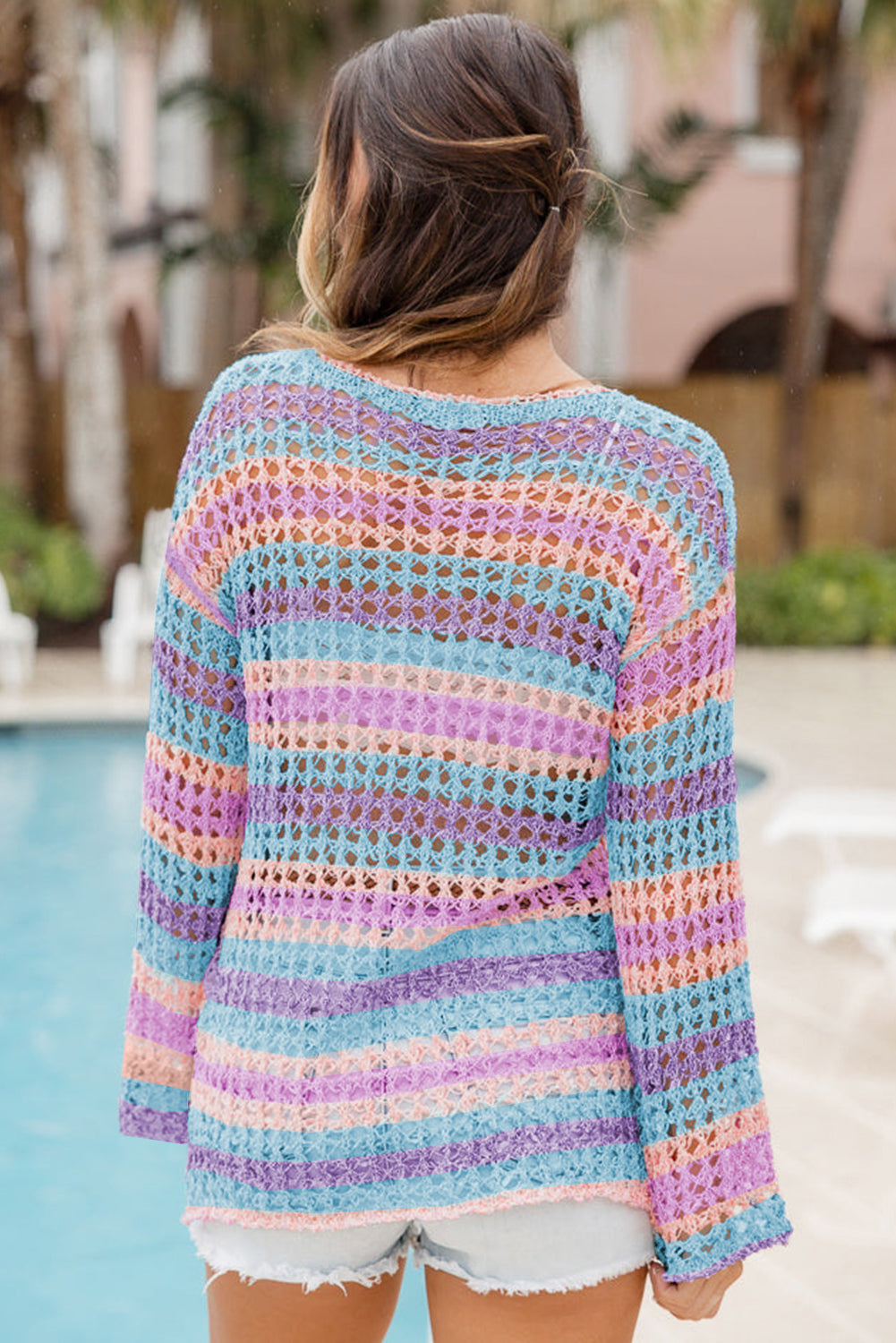 Purple Striped Hollow Knit Summer Beach Cover Up - The Fair Lady Shop
