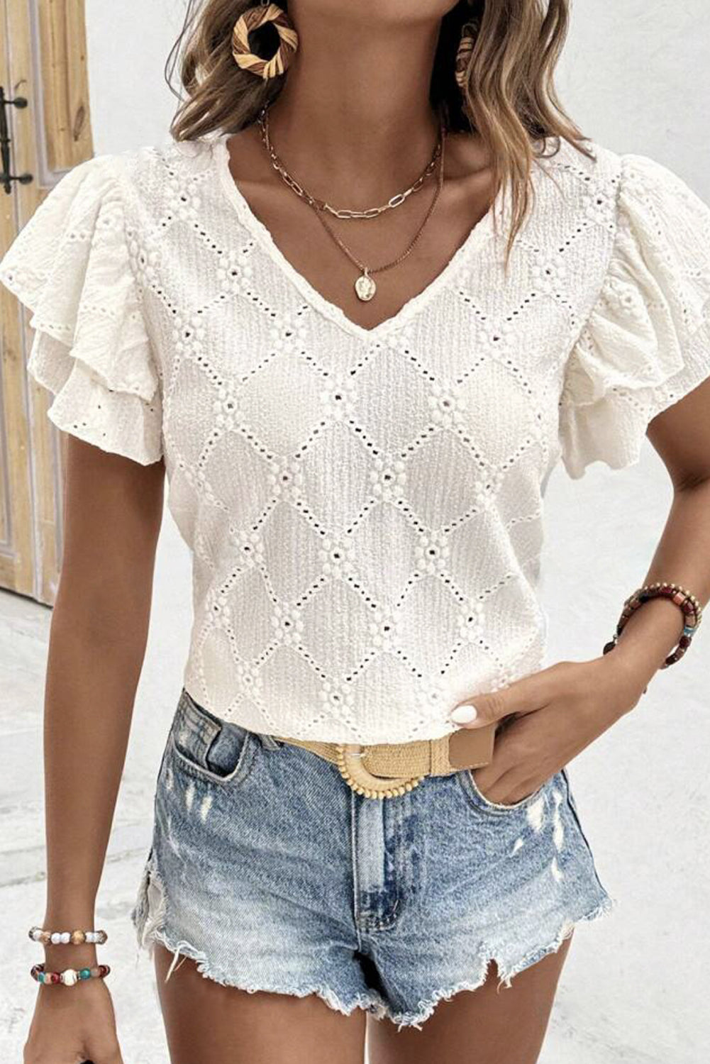 White Eyelet V-Neck Ruffle Sleeve Top - The Fair Lady Shop