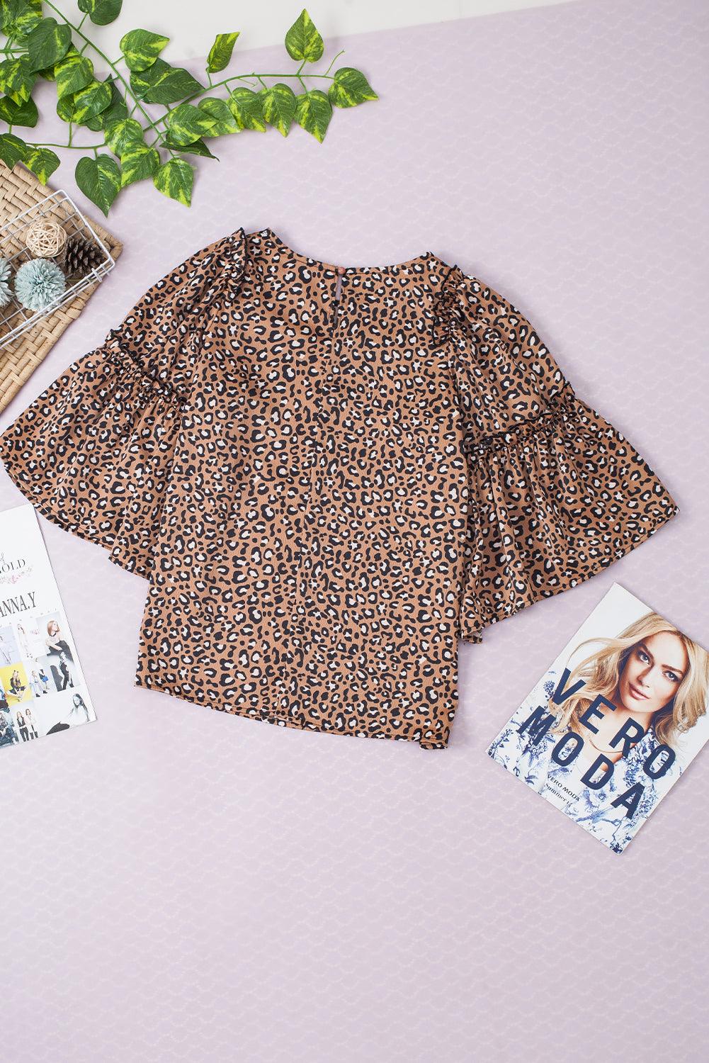 Chestnut Leopard Ruffle Flounce Sleeve Blouse - The Fair Lady Shop