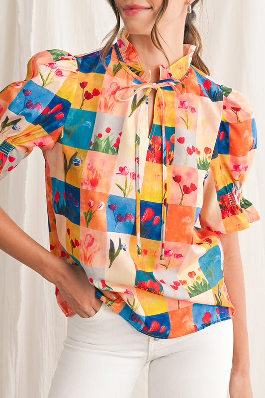 Multicolour Boho Floral Checkered Frill V-Neck Blouse - The Fair Lady Shop