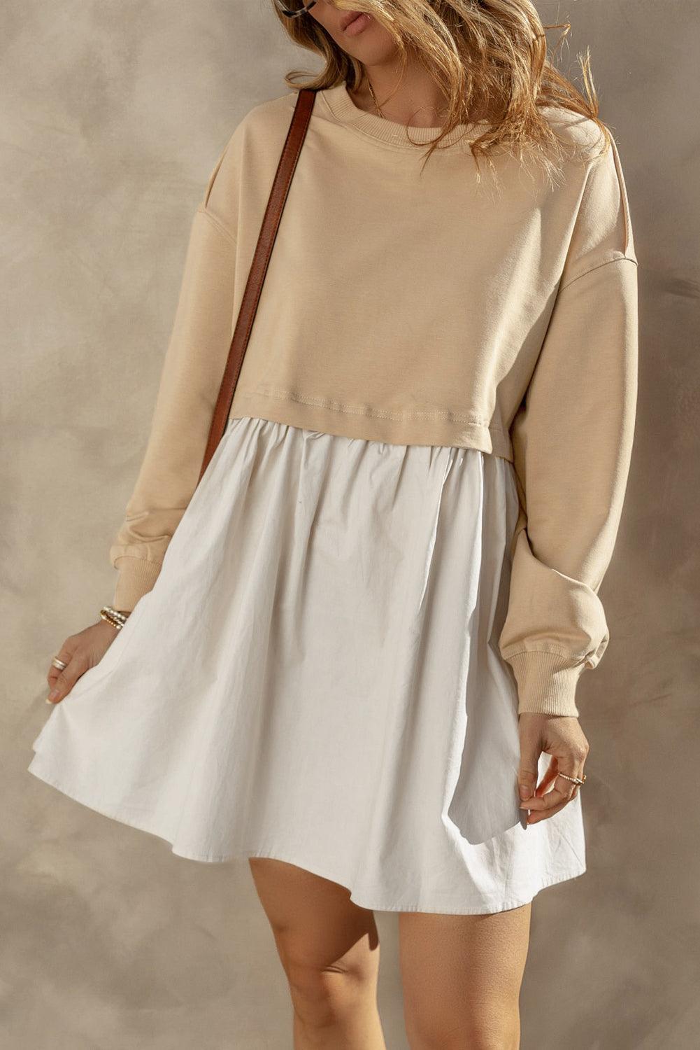 Khaki Sweatshirt Colorblock Flowy Pleated Mini Dress - The Fair Lady Shop