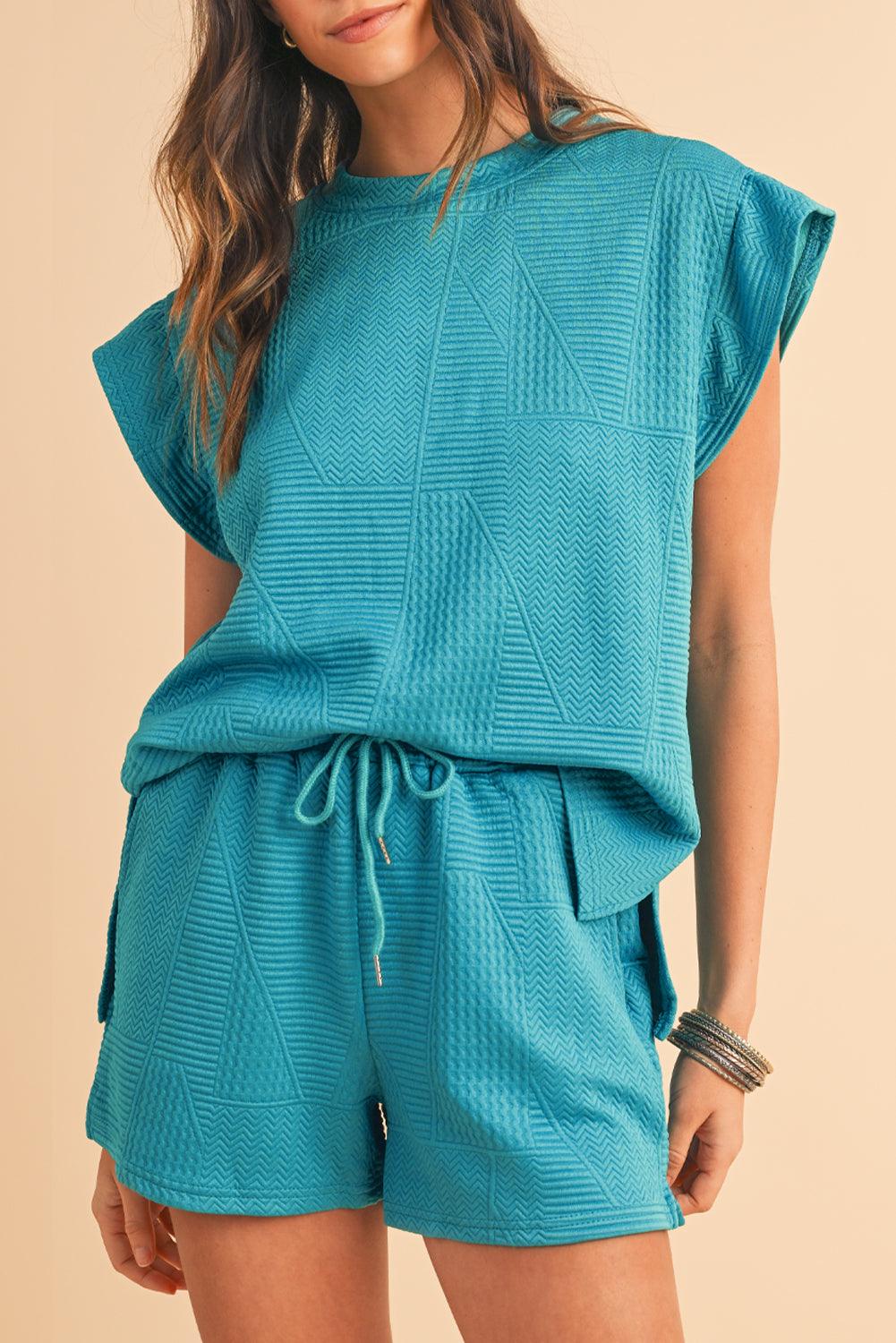 Dark Green Textured Ruffle Split Top and Drawstring Shorts Set - The Fair Lady Shop