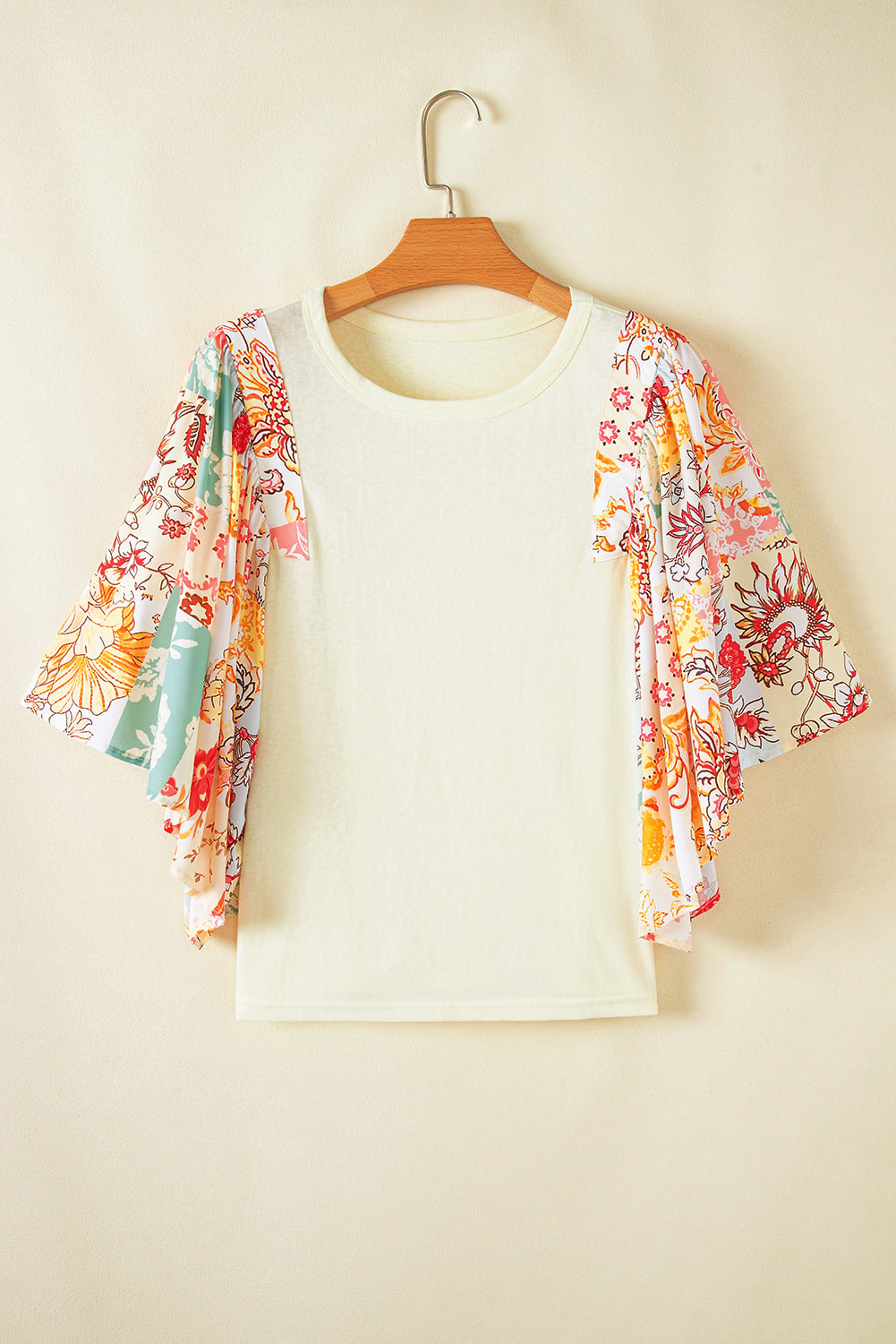 Beige Floral Patchwork Batwing Sleeve Blouse - The Fair Lady Shop