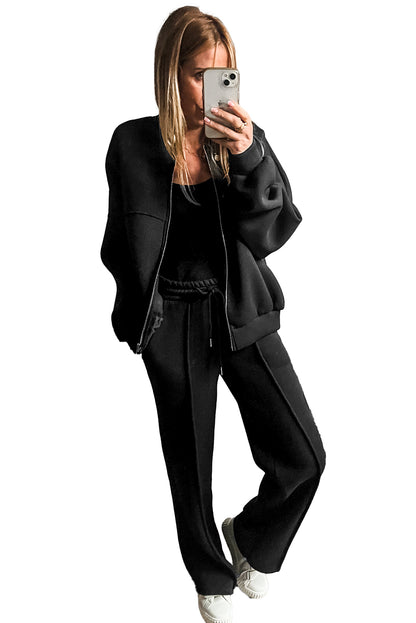 Black Seamed Zipper Jacket and Drawstring Waist Pants Set - The Fair Lady Shop