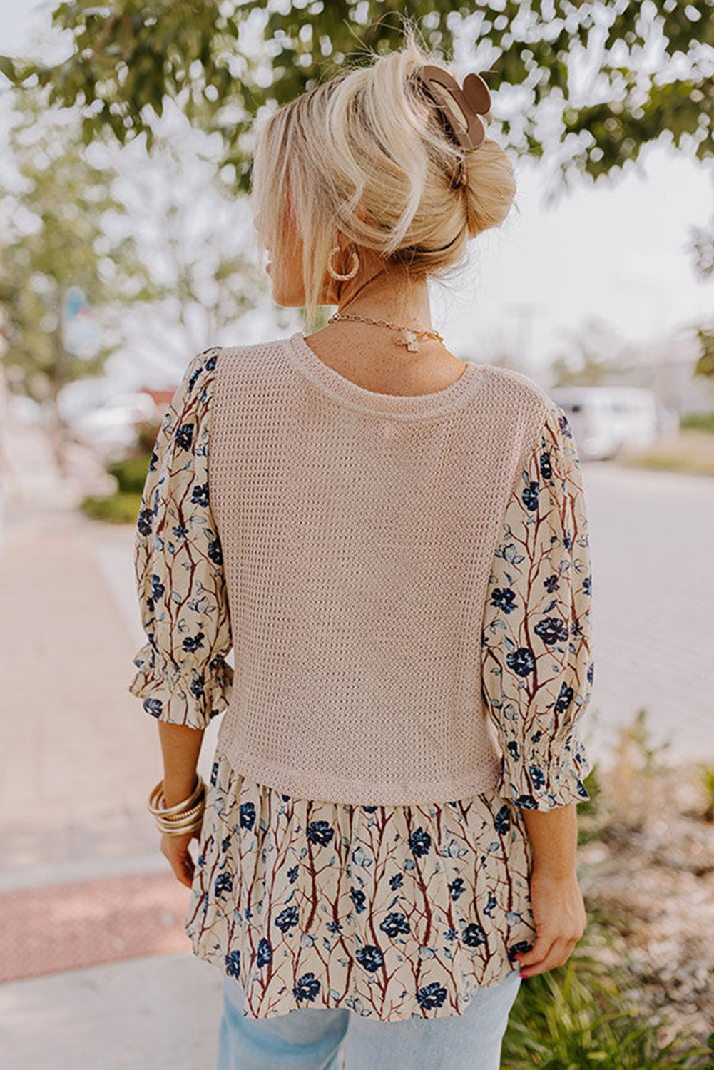 Beige Faux Two Piece Knit Patchwork Floral Plus Size Top - The Fair Lady Shop