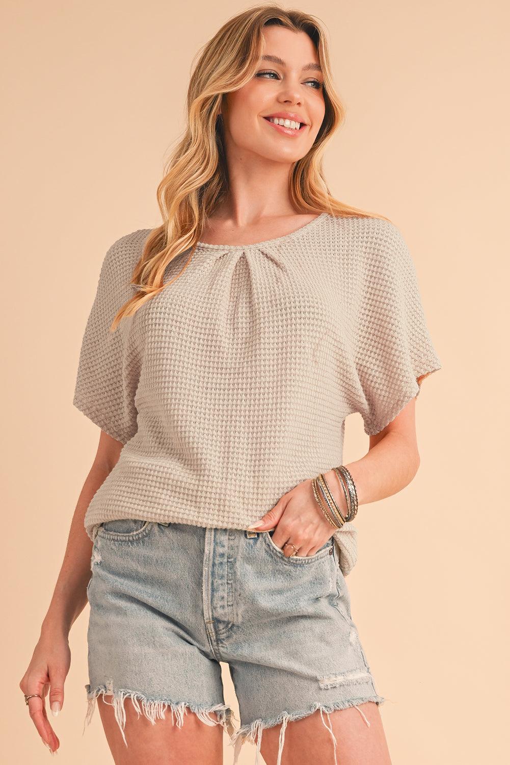 Oatmeal Guipure Lace Splicing Back Waffle Textured T-shirt - The Fair Lady Shop