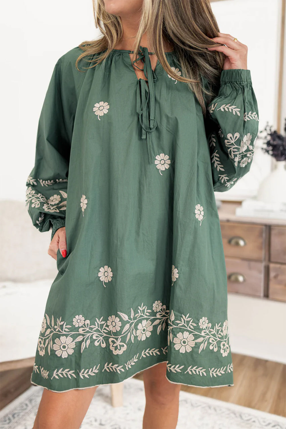 Mist Green Boho Floral V Neck Mini Dress - The Fair Lady Shop