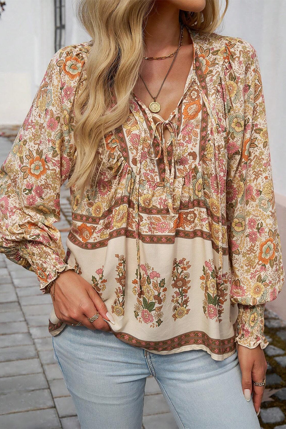Yellow Floral Print Tie Neck Lantern Sleeve Blouse - The Fair Lady Shop