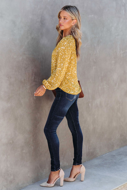 Yellow Frill Split V Neck Boho Crinkled Blouse - The Fair Lady Shop