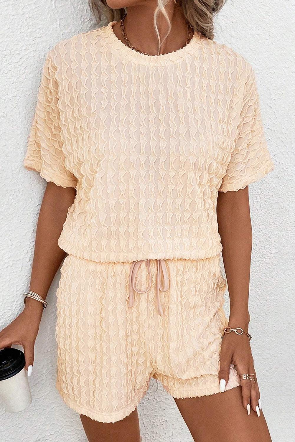 Beige Frill Textured Tee and Drawstring Shorts Set - The Fair Lady Shop
