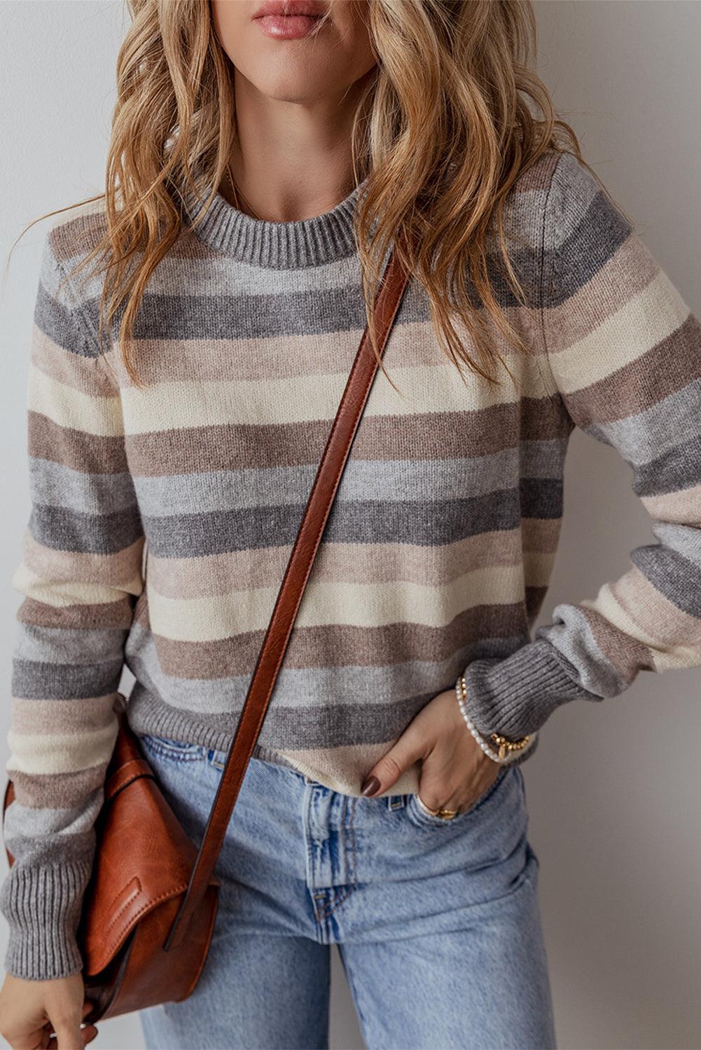 Gray Striped Ribbed Edge Round Neck Sweater - The Fair Lady Shop