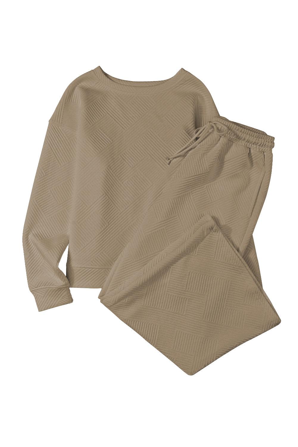 Dark Brown Textured Loose Slouchy Long Sleeve Top and Pants Set - The Fair Lady Shop