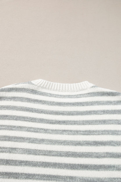 Gray Stripe Drop Shoulder Crew Neck Sweater - The Fair Lady Shop