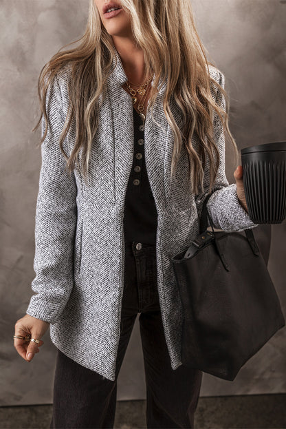 Light Grey Lapel Collar Pocketed Long Jacket - The Fair Lady Shop