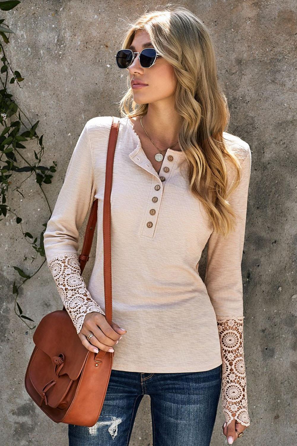 Beige Ribbed Lace Crochet Long Sleeve Henley Shirt for Women - The Fair Lady Shop