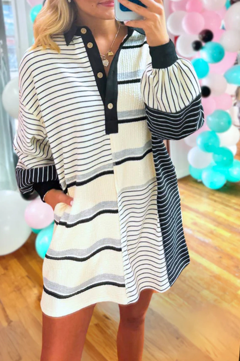 Black Stripe Colorblock Long Sleeve Collar Half Buttons Mini Dress - The Fair Lady Shop