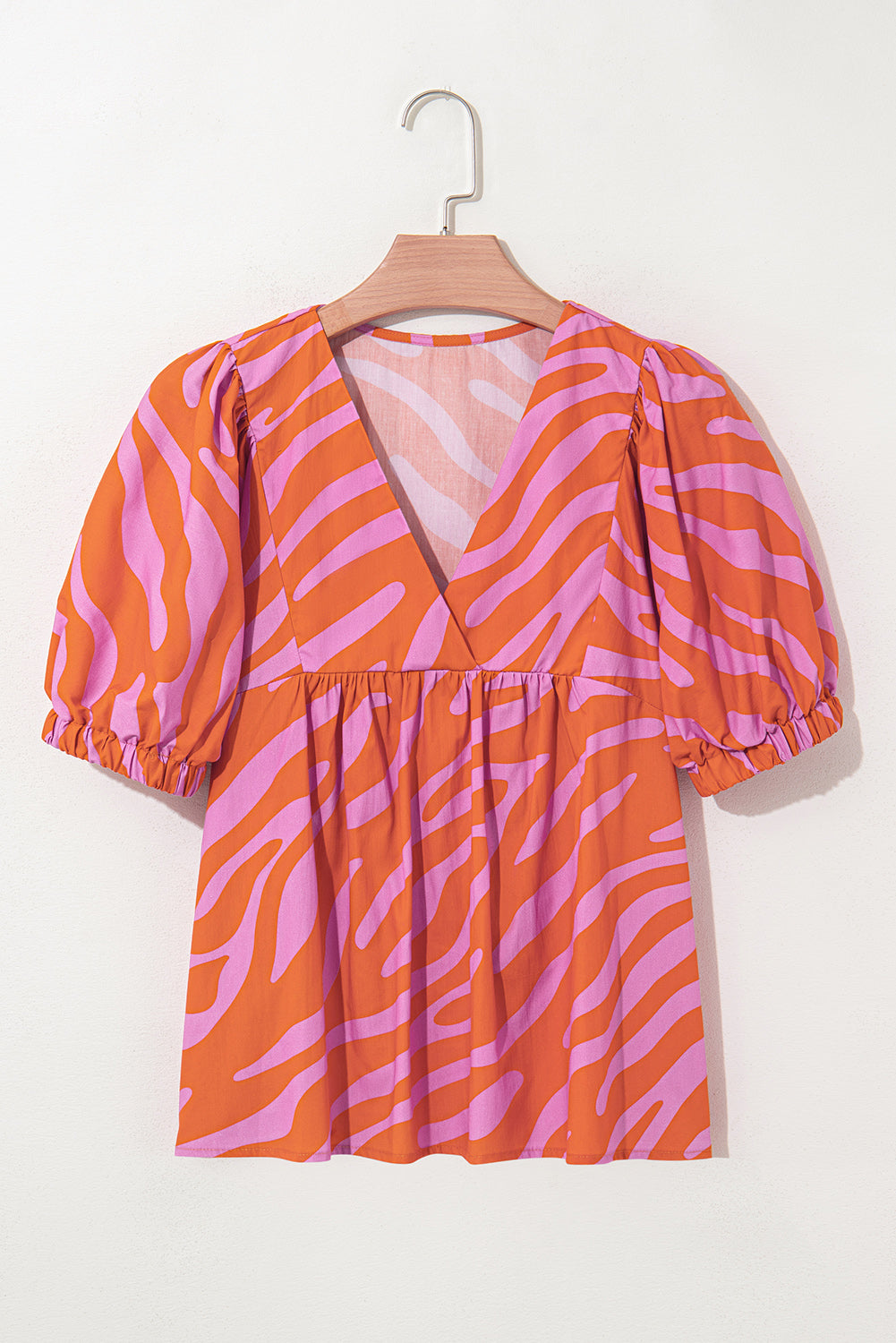 Orange Zebra Stripe Print Ruched Cuff Half Sleeve V Neck Blouse - The Fair Lady Shop