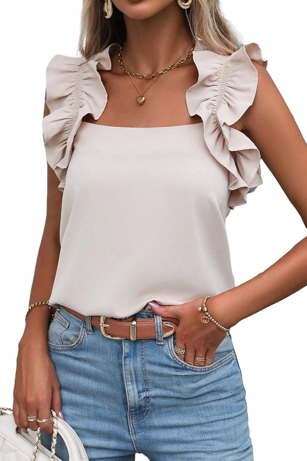 Oatmeal Solid Ruffle Trim Sleeveless Blouse - The Fair Lady Shop