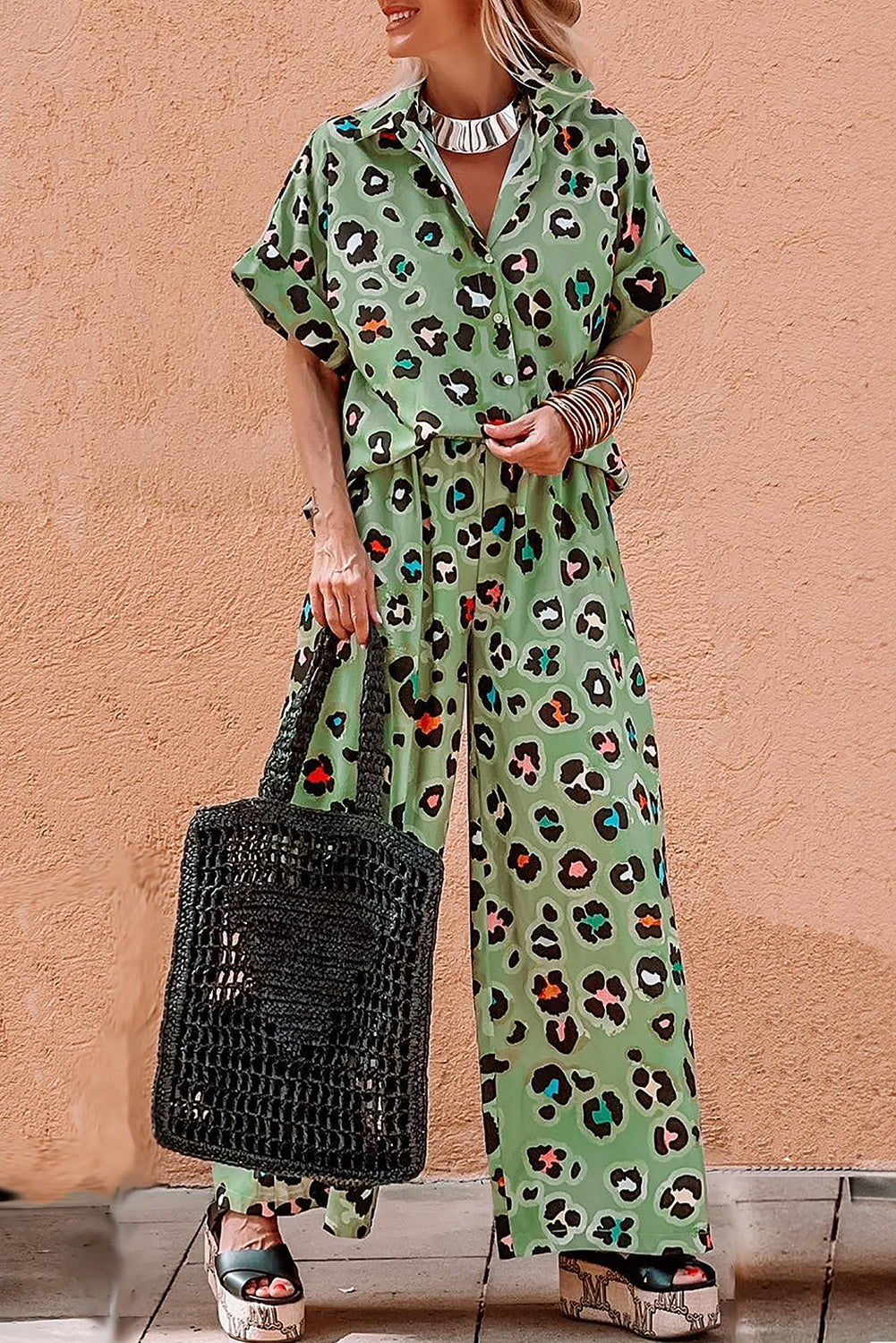 Green Leopard Print Short Sleeve Shirt and Wide Leg Pants Set - The Fair Lady Shop