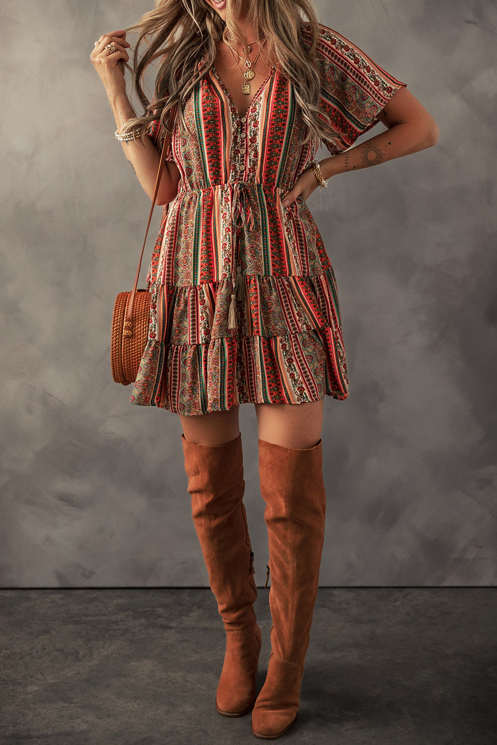 Red Bohemian Floral Print Buttoned V Neck Ruffle Tiered Dress - The Fair Lady Shop
