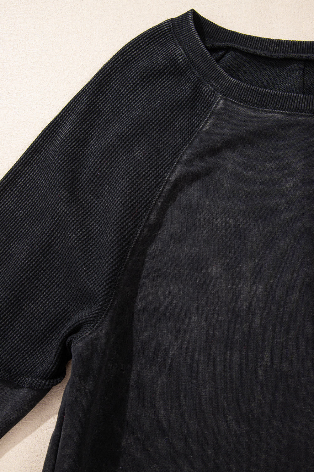 Black Solid Waffle Knit Patchwork Raglan Sleeve Sweatshirt - The Fair Lady Shop