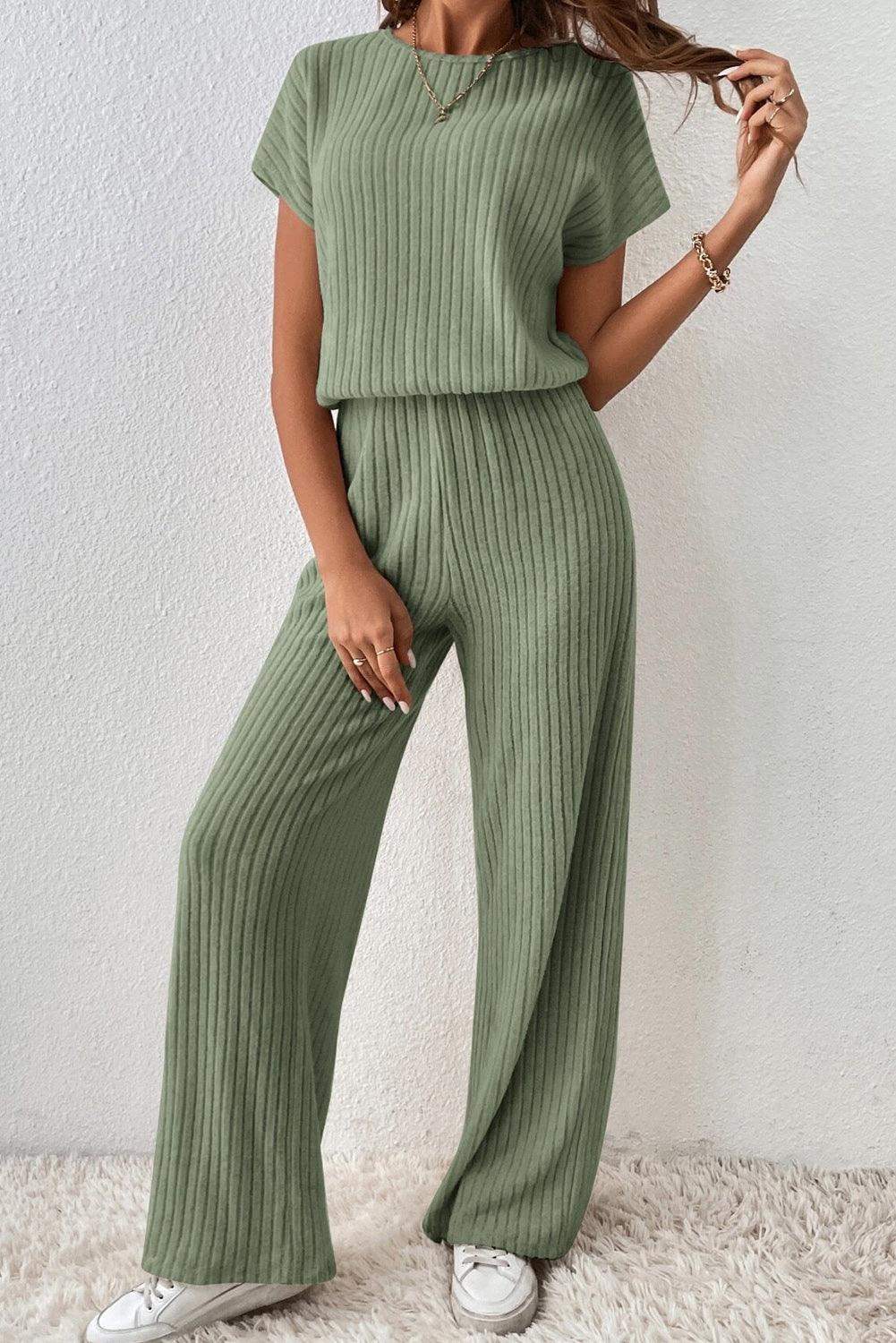 Grass Green Solid Color Ribbed Short Sleeve Wide Leg Jumpsuit - The Fair Lady Shop