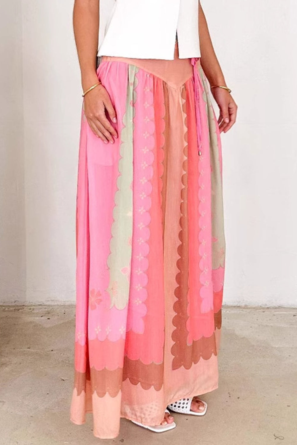 Pink Floral Colorblock Tie High Waist Maxi Skirt - The Fair Lady Shop