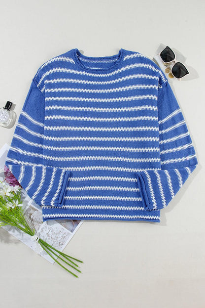 Khaki Casual Stripe Round Neck Drop Shoulder Sweater - The Fair Lady Shop