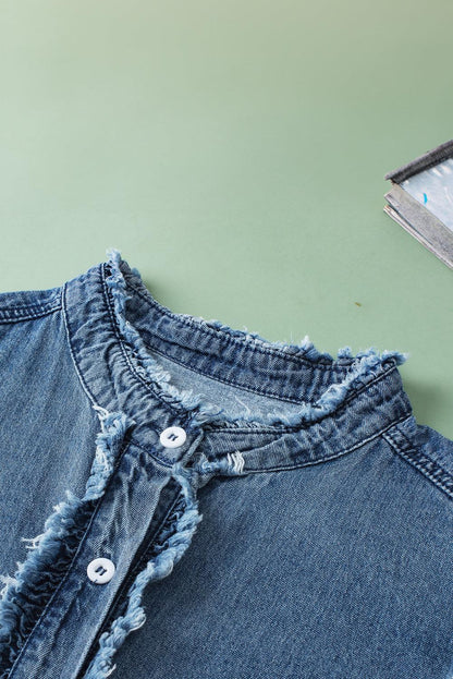 Ashleigh Blue Button Front Ruffled Flutter Frayed Denim Top - The Fair Lady Shop