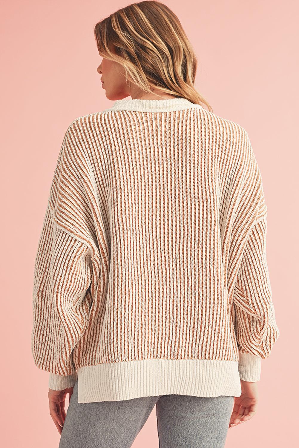 Chestnut Striped Contrast Trim Loose Sweater - The Fair Lady Shop