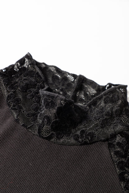 Black Floral Lace Patchwork Long Sleeve Slim Top