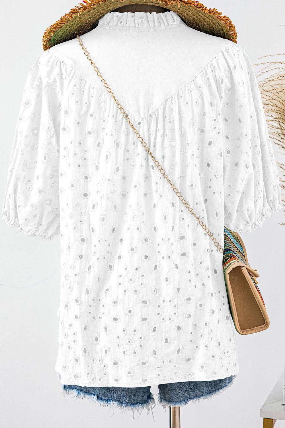 Bonbon Hollow-out Flower Embroidered Short Puff Sleeve Blouse - The Fair Lady Shop
