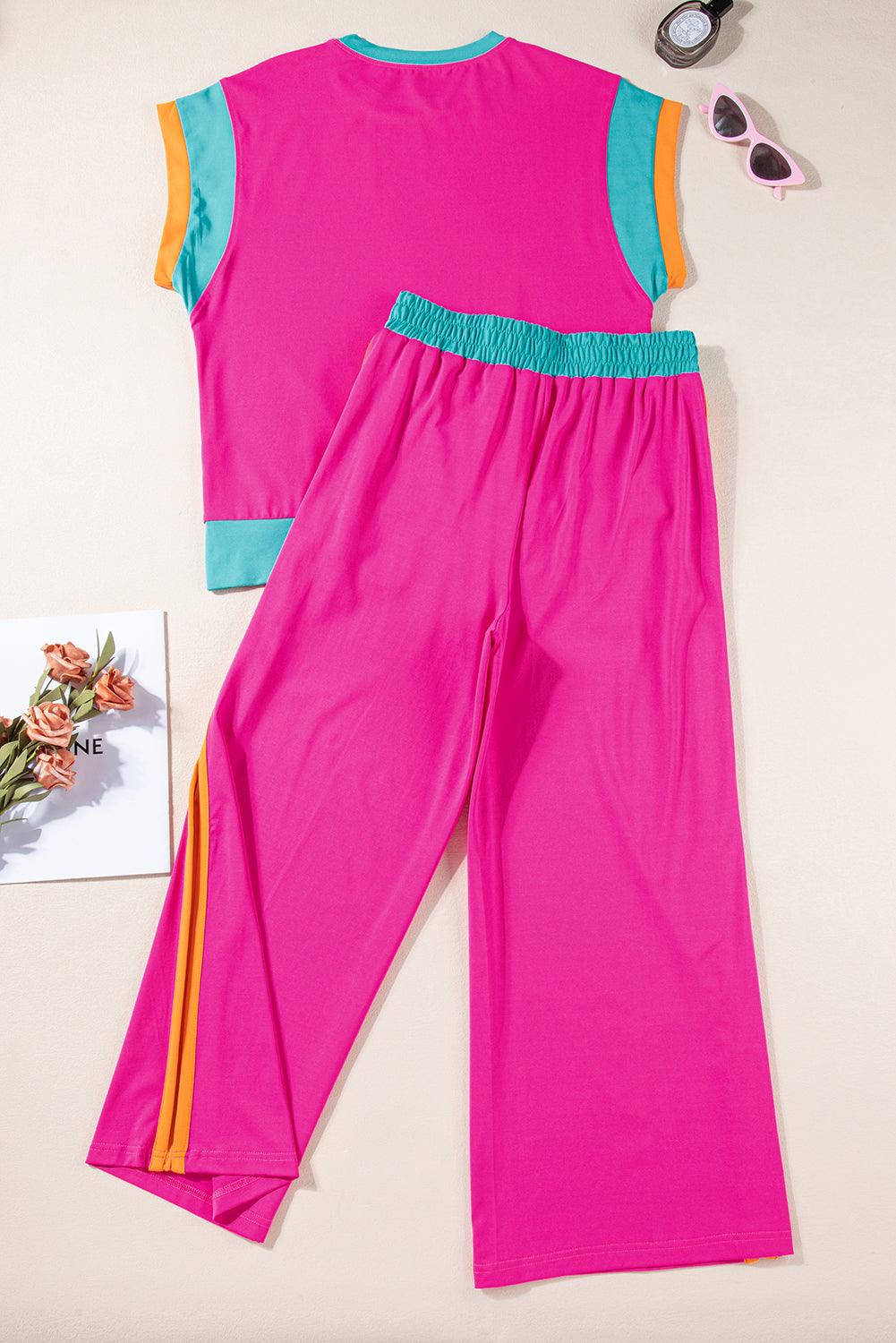 Chestnut Colorblock Cap Sleeve Tee and Wide Leg Pants Set - The Fair Lady Shop