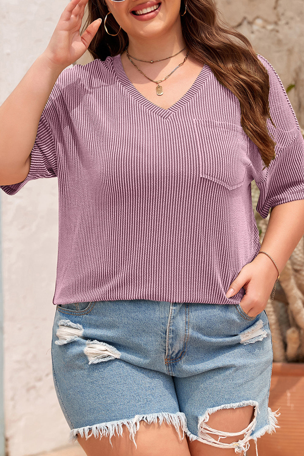 Valerian Twist Corded V-Neck Plain Plus T-Shirt - The Fair Lady Shop