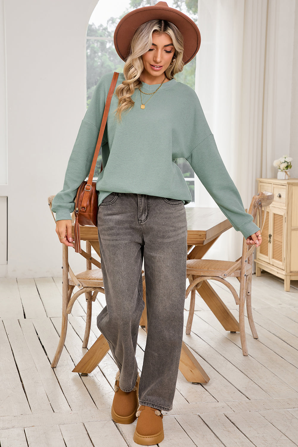 Clearly Aqua Waffle Knit Drop Shoulder V Neck Top - The Fair Lady Shop