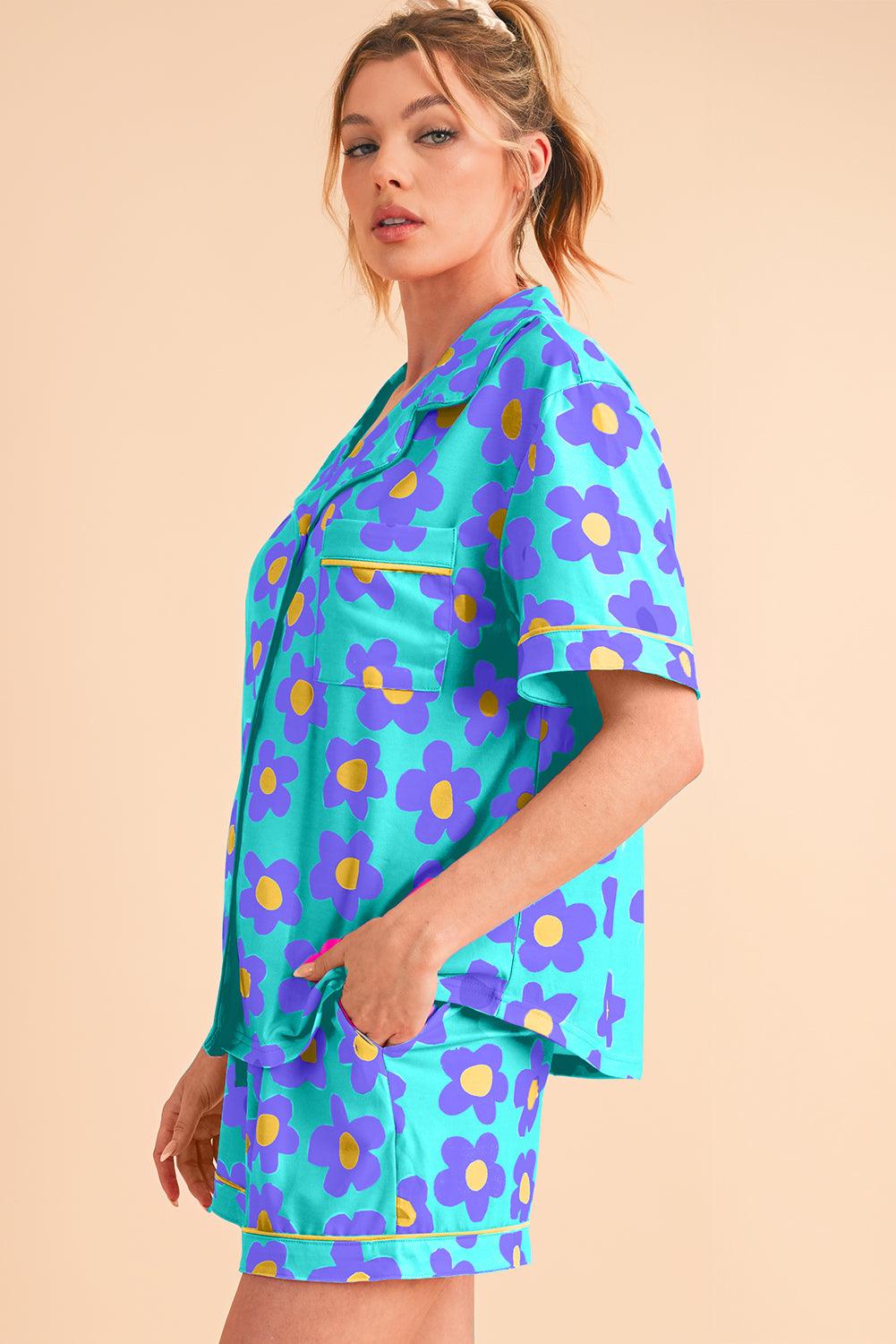 Green Flower Print Buttoned Shirt and Drawstring Waist Pajama Set - The Fair Lady Shop