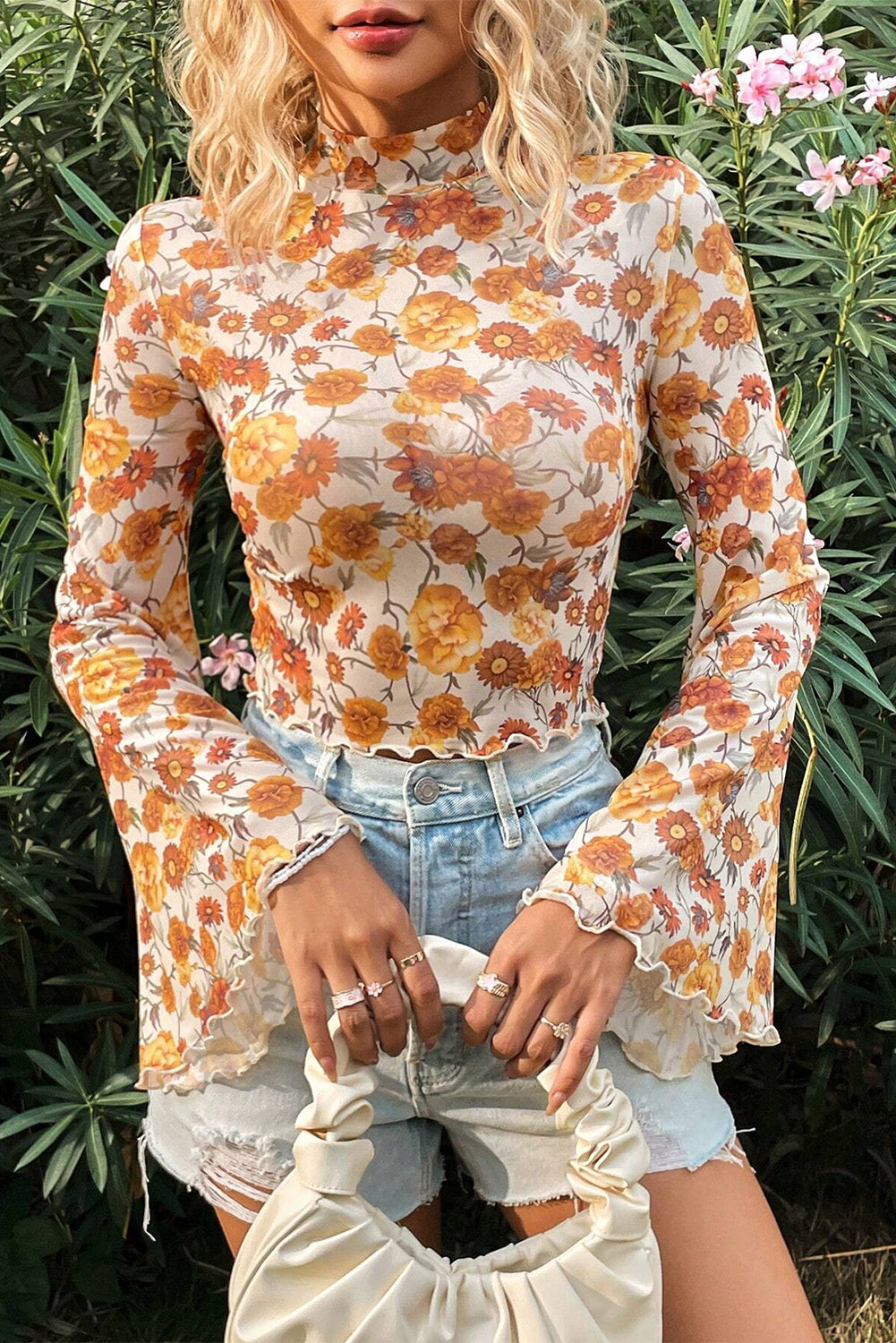 Orange Floral Print Bell Sleeve Mock Neck Scallop Trim Blouse - The Fair Lady Shop