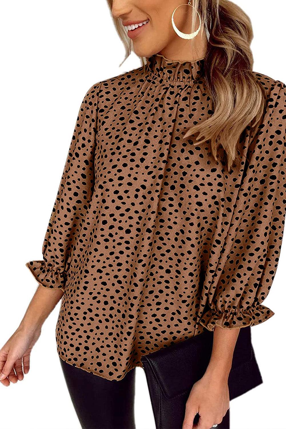 Brown Leopard Print Frill Neck 3/4 Sleeves Blouse - The Fair Lady Shop