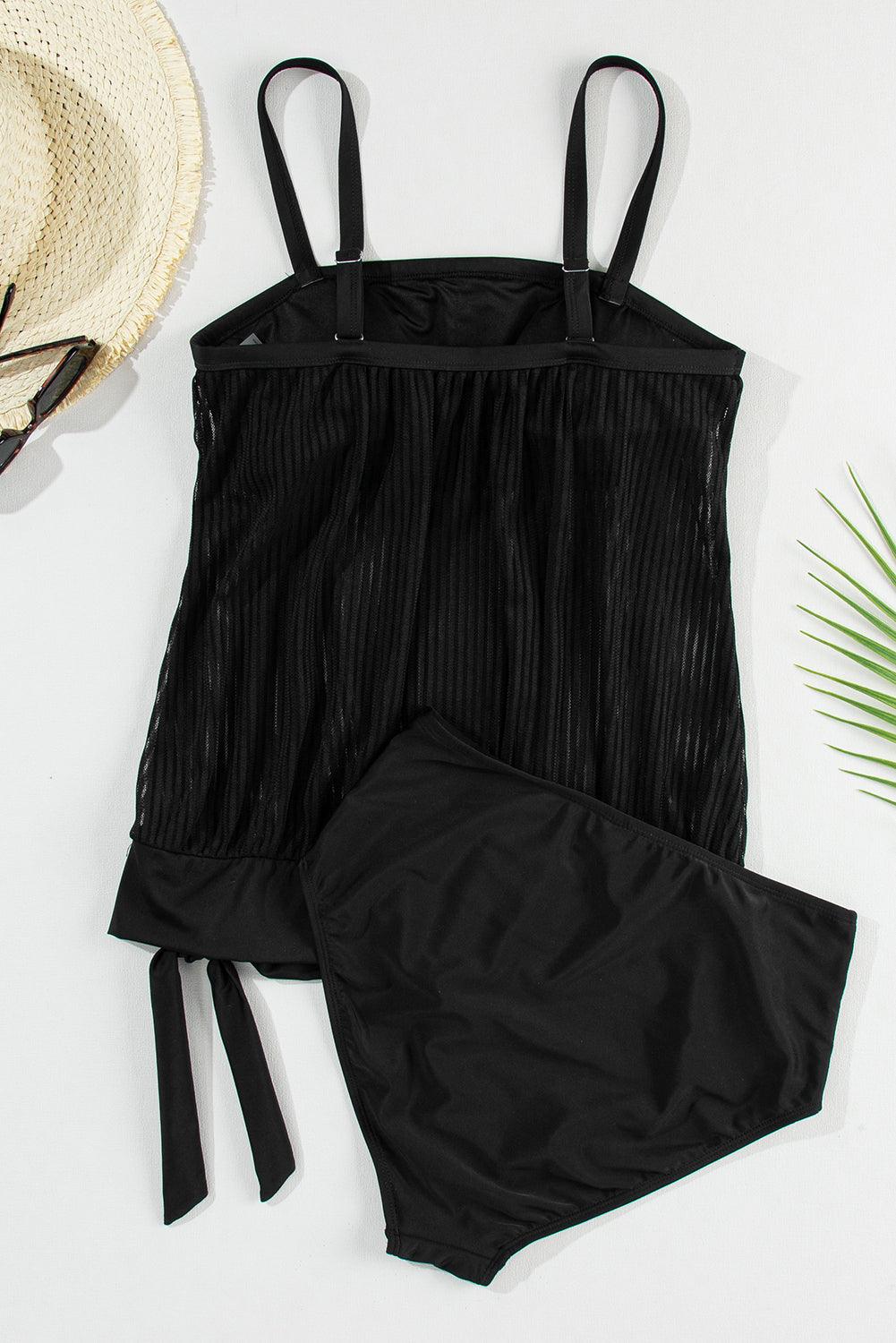 Black Striped Mesh Knotted Hem Tankini Swimsuit - The Fair Lady Shop