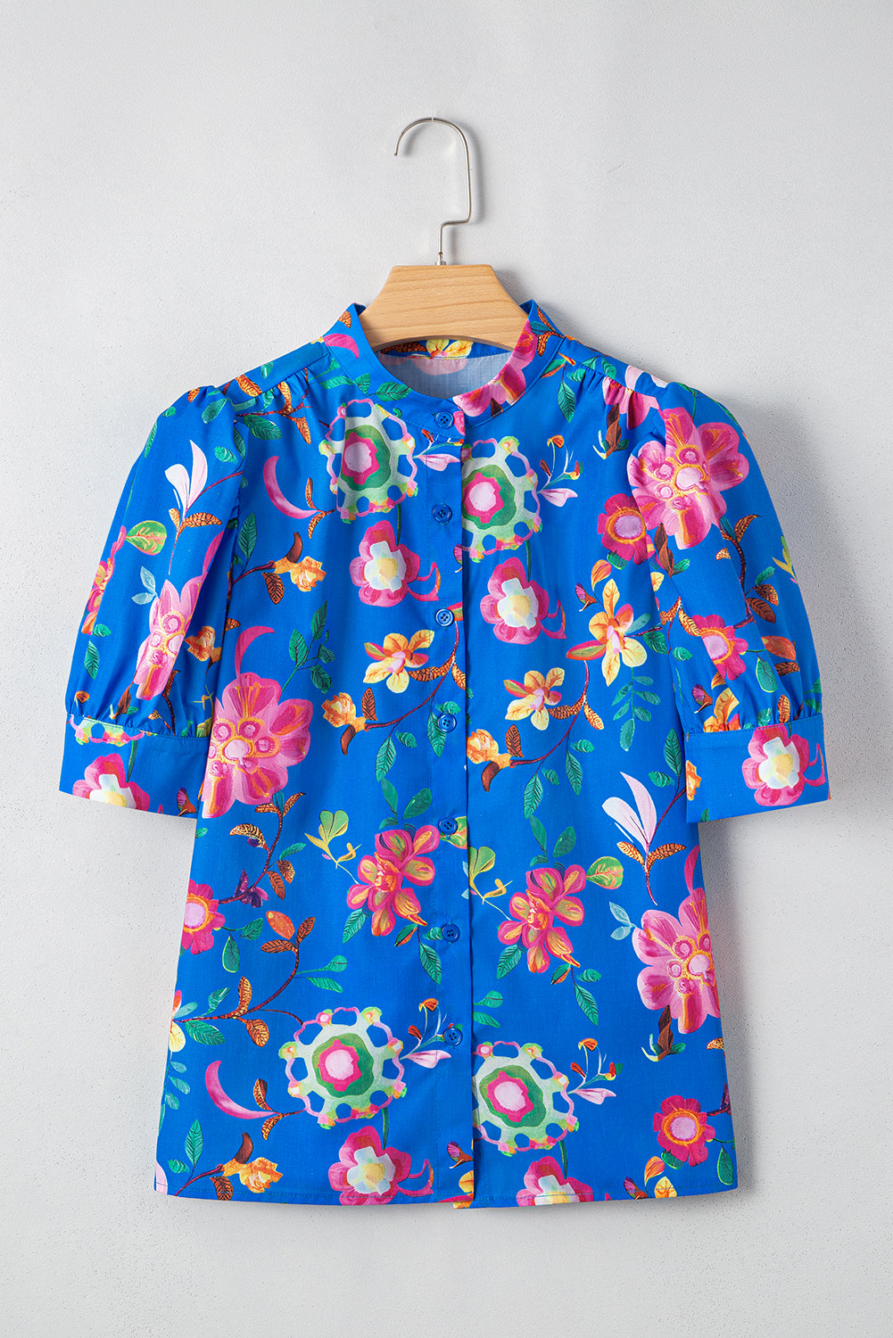 Blue Puff Sleeve Button Up Boho Floral Shirt - The Fair Lady Shop