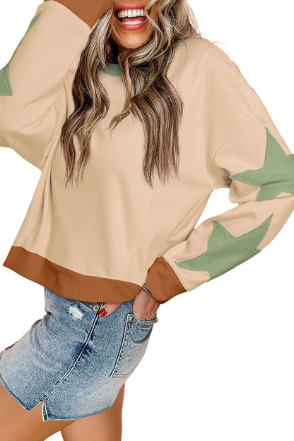 Parchment Star Patchwork Exposed Seam Oversized Sweatshirt - The Fair Lady Shop