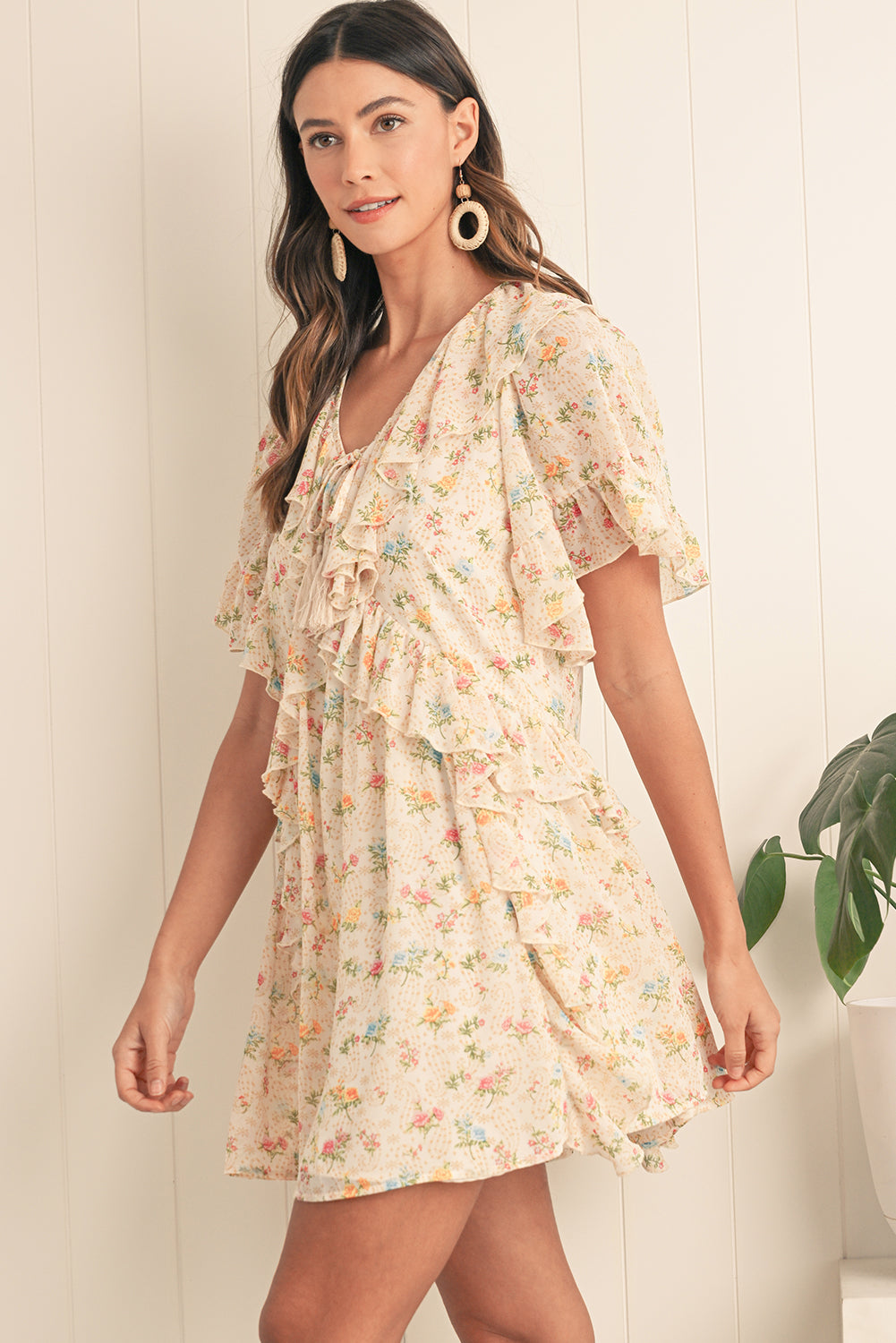 Apricot Boho V Neck Floral Tassel Tie Ruffle Mini Dress - The Fair Lady Shop