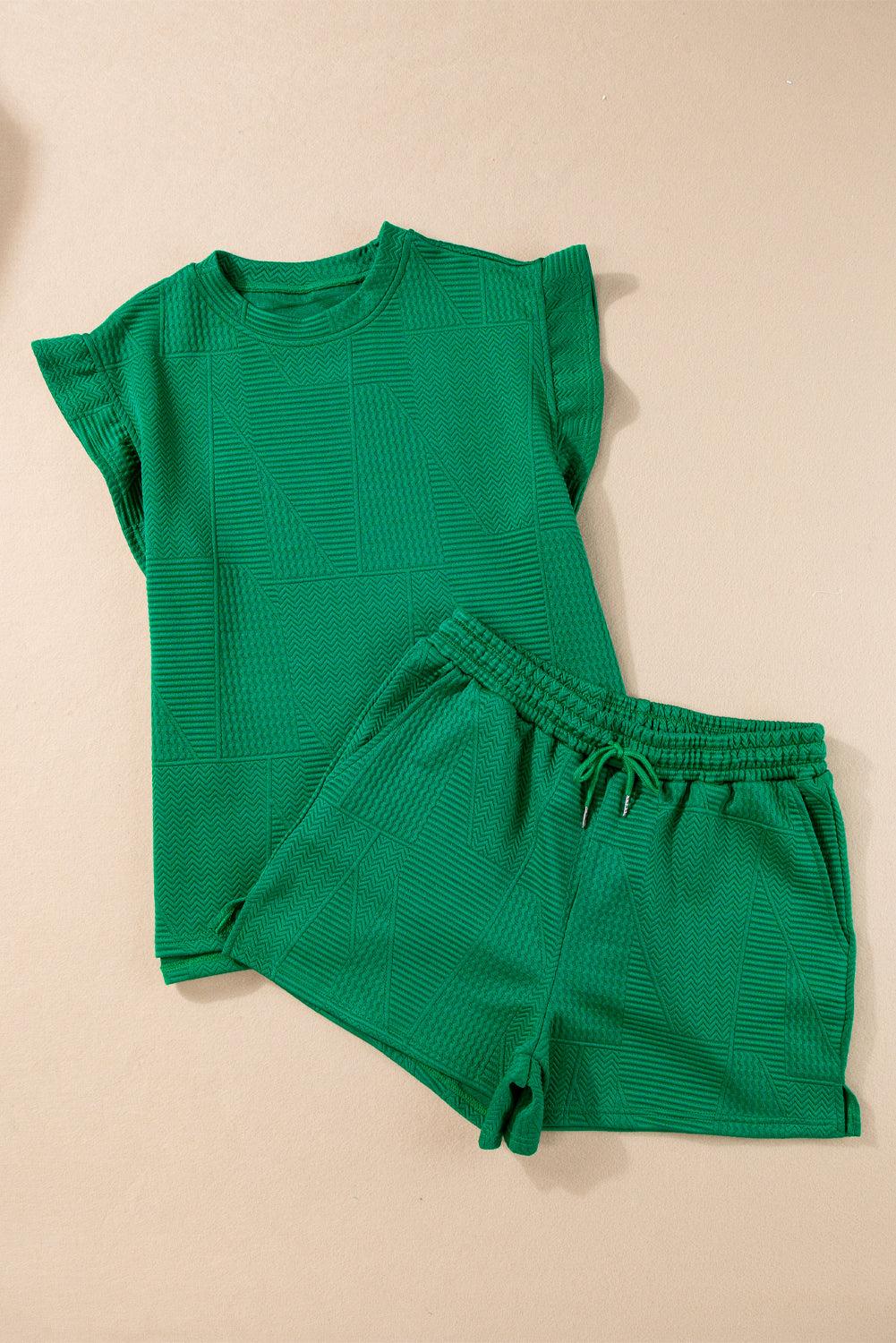Dark Green Textured Ruffle Split Top and Drawstring Shorts Set - The Fair Lady Shop