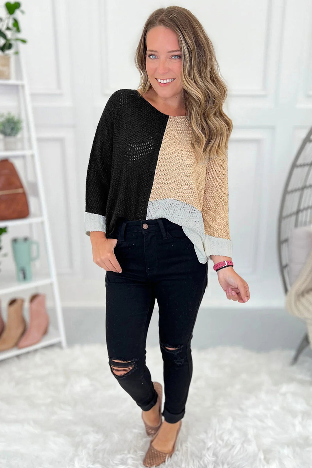 Black Color Block Knit V Neck Loose Sweater