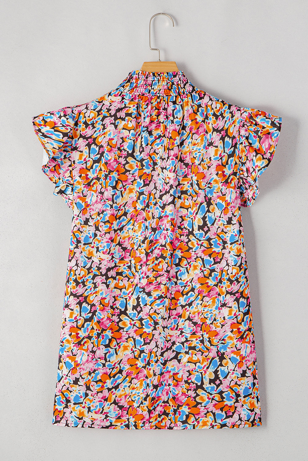 Orange Floral Print Shirred Stand Neck Flutter Shoulder Blouse - The Fair Lady Shop