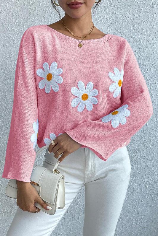 Pink Daisy Embroidered Loose Long Sleeve Knit Top - The Fair Lady Shop