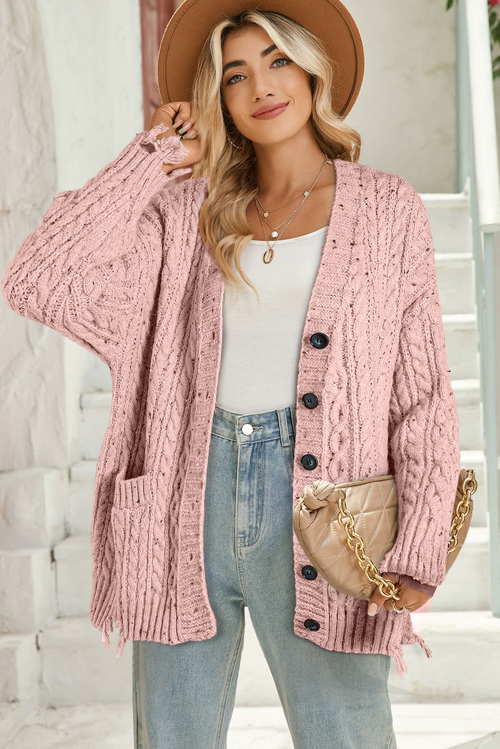 Fushia Cable Knit Button Front Cardigan - The Fair Lady Shop